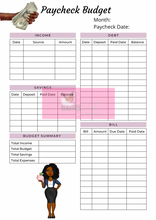 Load image into Gallery viewer, Black Woman Paycheck & Monthly Budget Planner Printable Instant Download