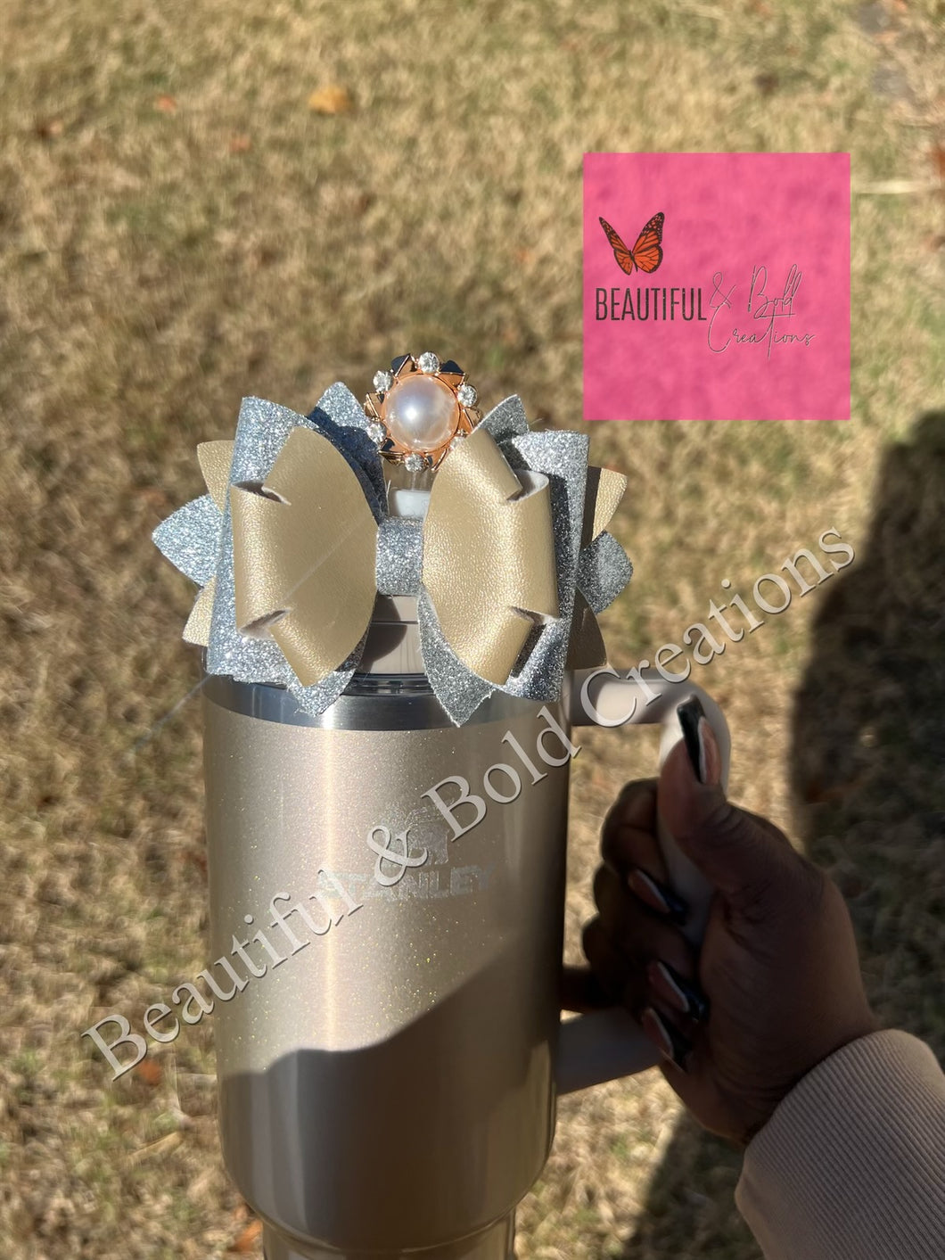 Honey Talks Gold /Silver Stanley Tumbler Staw Topper Bow