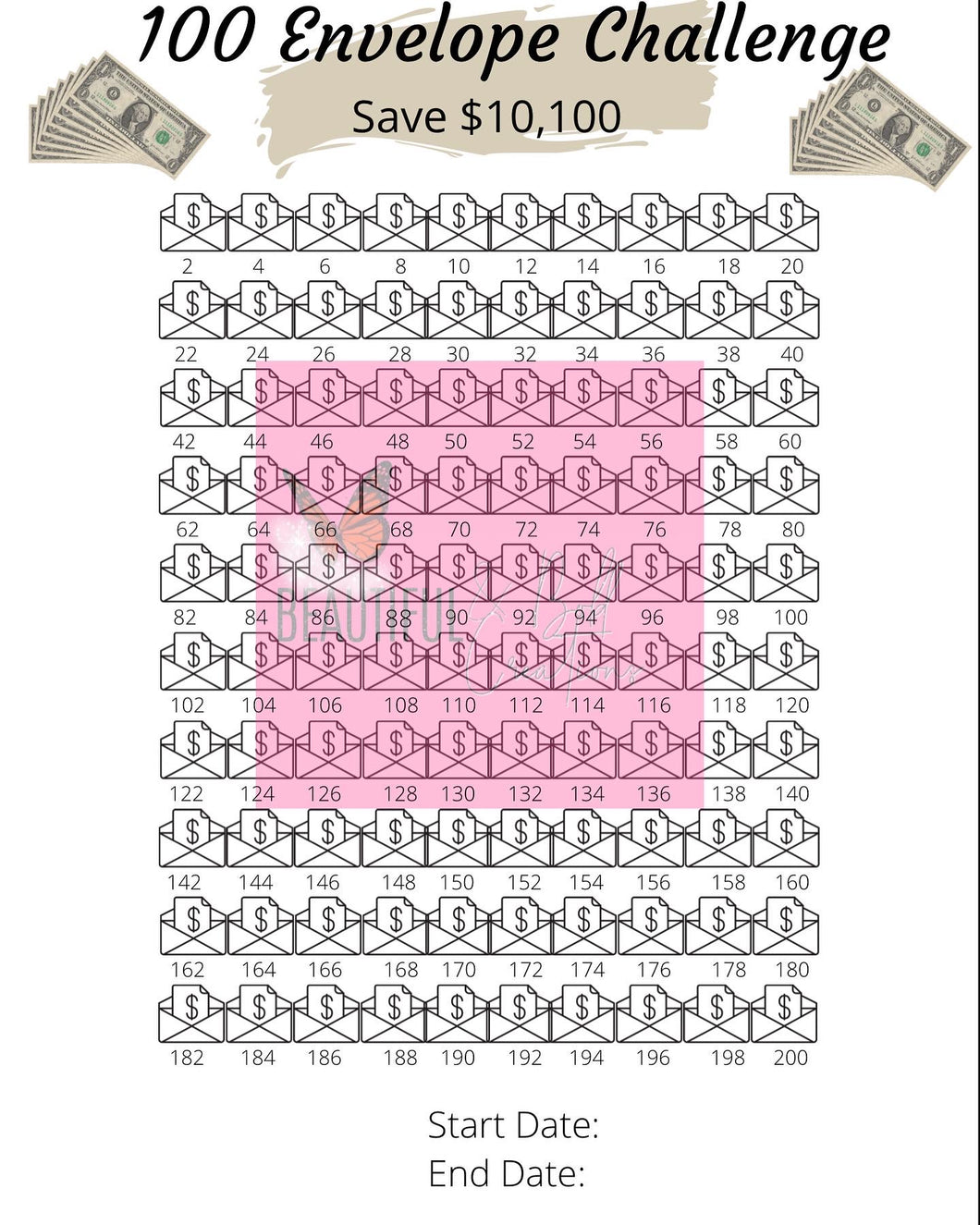 Printable Instant Download 100 Envelope Challenge $10,100