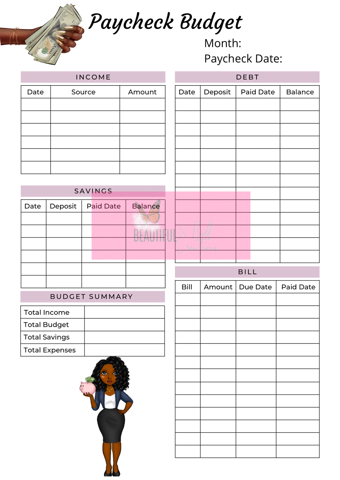 black-woman-paycheck-monthly-budget-planner-printable-instant-downlo-beautiful-bold-creations for Budget By Paycheck Worksheet Free Printable Black Woman Paycheck & Monthly Budget Planner Printable Instant Downlo – Beautiful & Bold Creations for Budget By Paycheck Worksheet Free Printable