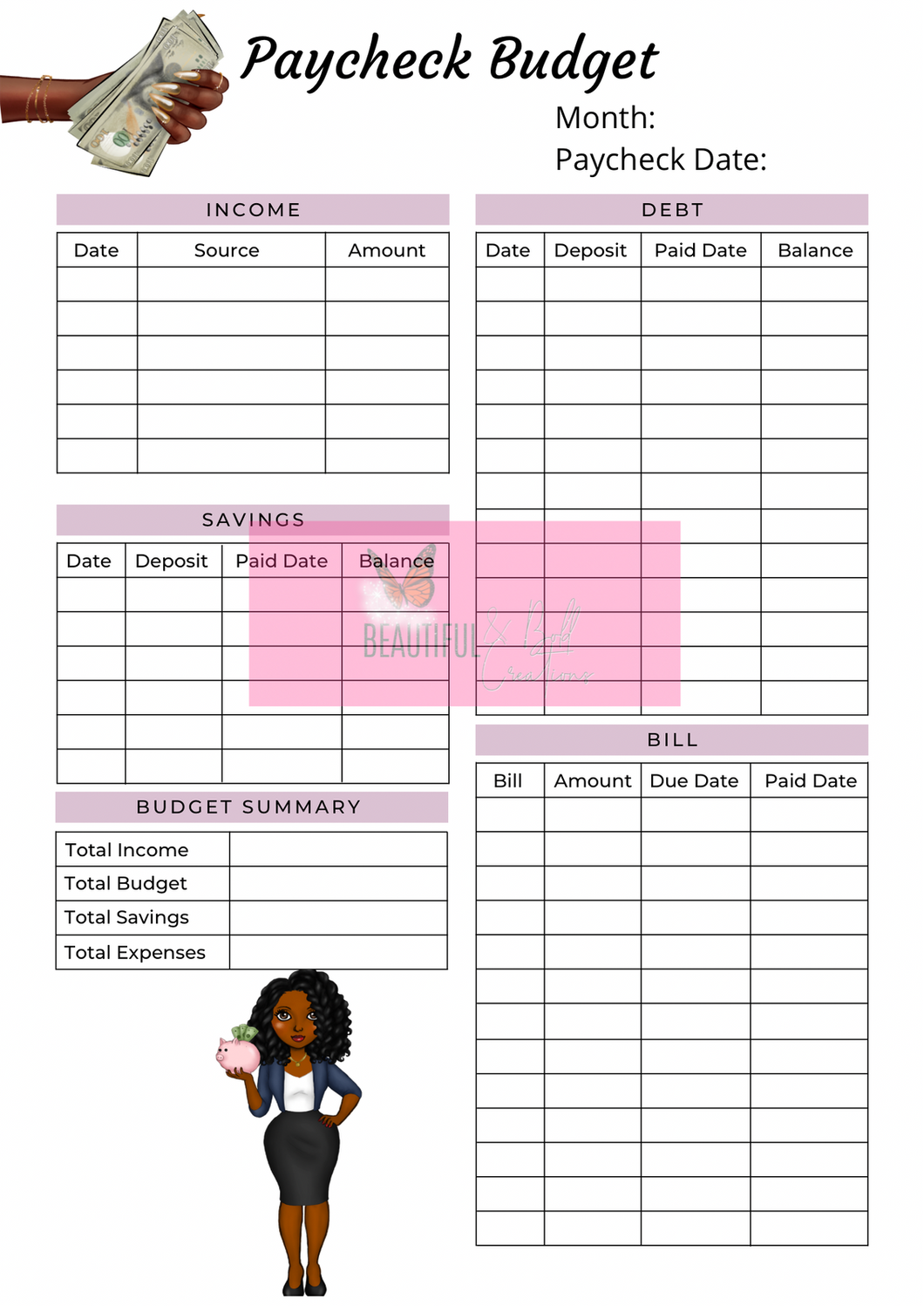 Black Woman Paycheck & Monthly Budget Planner Printable Instant Download