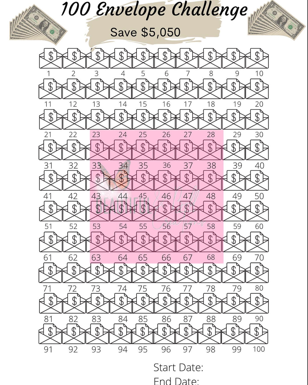 Printable Instant Download 100 Envelope Challenge $5,050