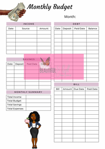 Black Woman Paycheck & Monthly Budget Planner Printable Instant Download